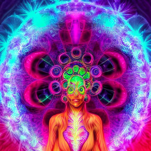 Prompt: hallucionational imaginery spirits, gaia, human form with third eye and peacock tail, dream, xray art, fractal, symmetrical, in the style of pablo amaringo, alex grey, hana alisa omer, psychedelic, beautiful, imaginative, octane render 4 k