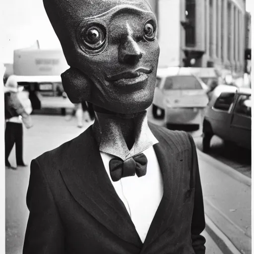 Prompt: jarvis conehead 1980s street performer film