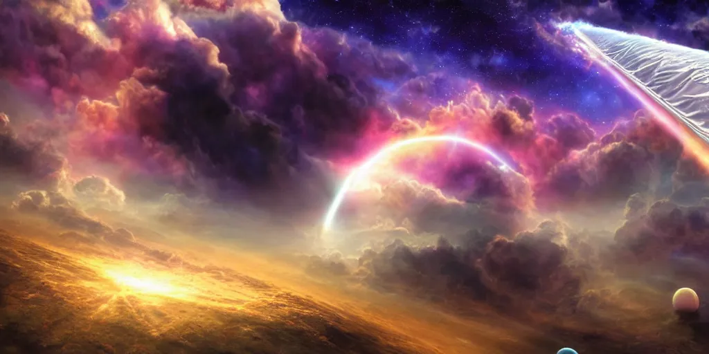 Prompt: Cosmic inflation bubbles peaking through the clouds, ascended master floating in the center emitting rays of consciousness concept art, matte painting, 8k, highly detailed, artstation, fluffy clouds, high quality,