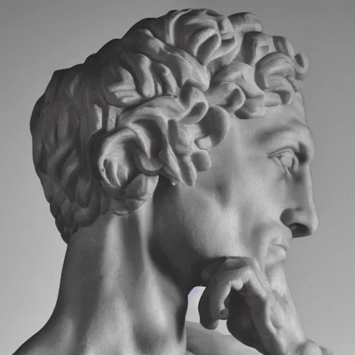 Prompt: A 35mm photo of Michelangelo’s sculpture of David wearing headphones