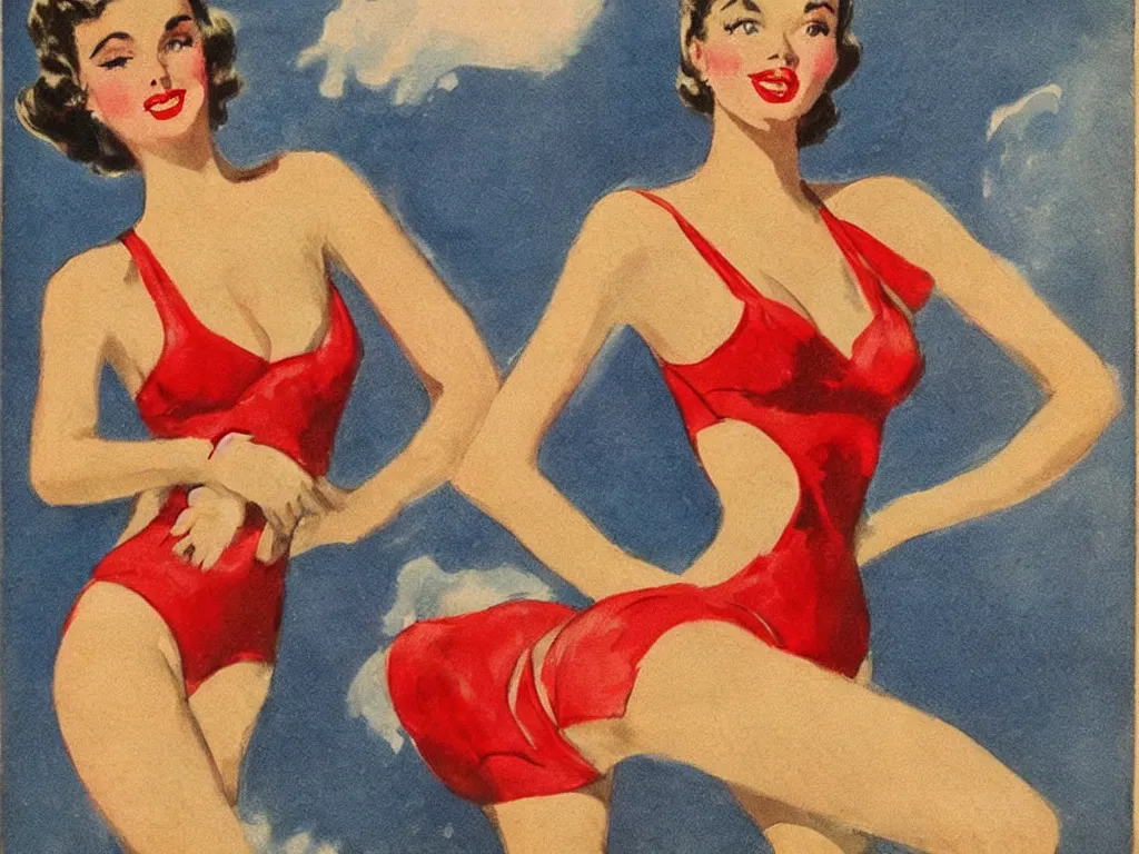 Image similar to 1950s vintage art of a beautiful model with dark curly hair and round blue eyes in a red swimsuit, high quality, highly detailed, vintage art, 1950s, vivid