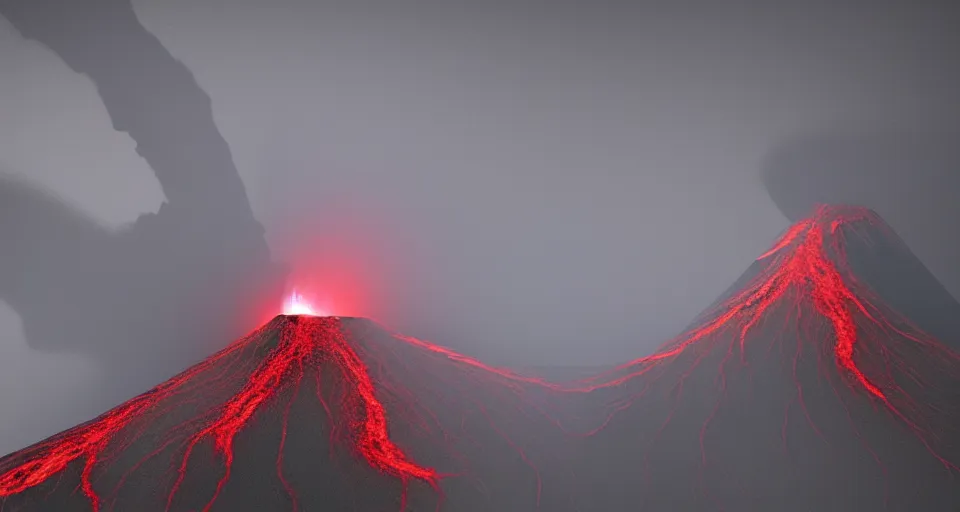 Prompt: a volcano made of ivory vines and crimson rocks enters in eruption, it spits a smoke in the shape of demonic eye, with Vray