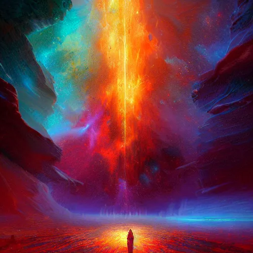 Image similar to neuromorphic god in this multi - dimensional latent spaceby marc simonetti, colour, hyper detail, 8 k, universe, nebula, burst of colour, imaginary, concept art, out of this world, depth, incredible depth