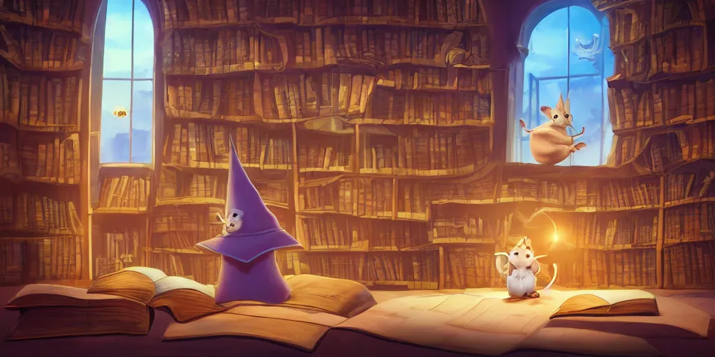 Prompt: vast library, cute chibi rat wizard, wizard hat, old wizard robe, big bookshelves, 3 d sculpture, 3 d cg, pixar, cel shading, celestial, majestic, cinematic light, soft sunlight through windows