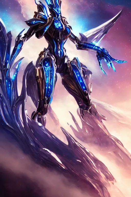 Prompt: galactic hyperdetailed elegant beautiful stunning giantess anthropomorphic mecha sexy hot female dragon goddess, sharp spines, sharp metal ears, sleek blue eyes, smooth blue skin, sleek gold armor, bigger than galaxy, epic proportions, epic scale, epic size, warframe destiny fanart, furry, dragon art, goddess, giantess, furaffinity, octane render