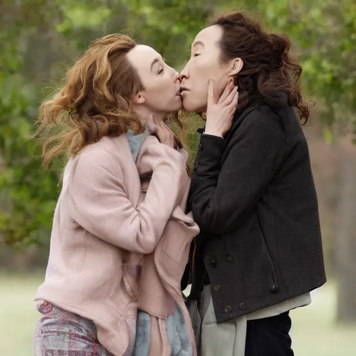 Image similar to jodie comer and sandra oh kiss, beautiful movie stills