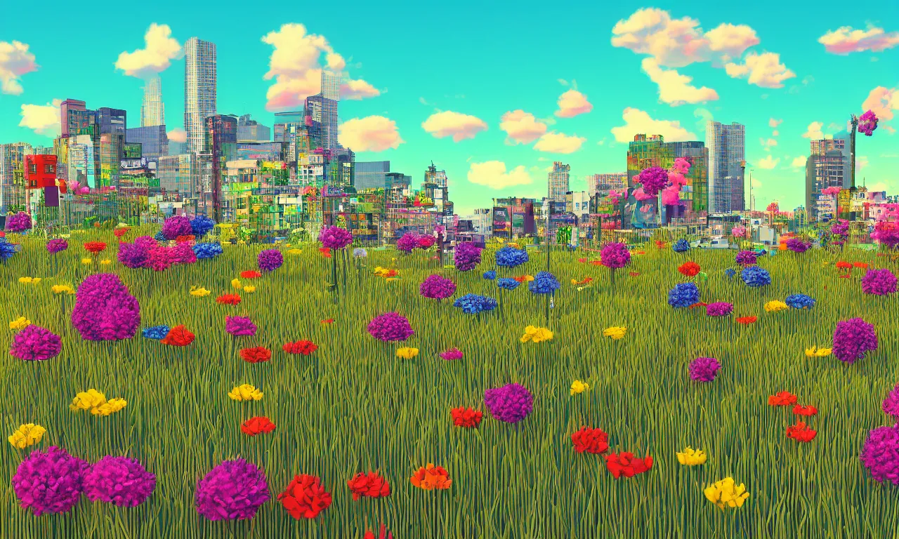 Image similar to twiddle a plopple, field flowers, busy cityscape, digital art, 3 d illustration