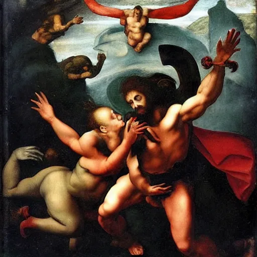 Image similar to the devil and the god, epic fight, iconic battle by raphael