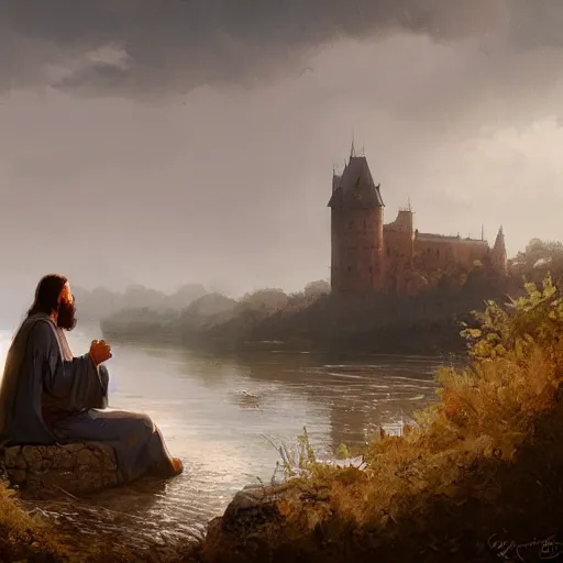 Prompt: jesus sitting by the river fishing, exudes terror, castle, mysterious breath, spitfire, photography, hyperrealistic, by greg rutkowski, smooth, illustration, elegant, artstation, digital painting.