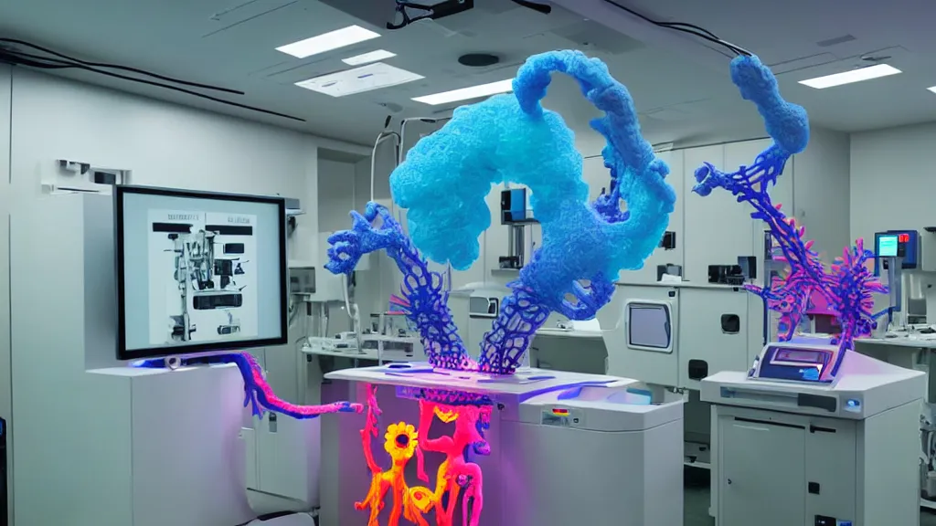 Prompt: a complex bifurcated surgical arm mri 3 d printer machine making colorful mutant forms with control panels in the laboratory inspection room, film still from the movie directed by denis villeneuve with art direction by salvador dali, wide lens