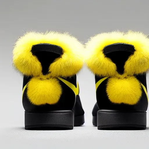 Prompt: nike model shoe made of very fluffy yellow and black faux fur placed on reflective surface, pikachu colors professional advertising, overhead lighting, heavy detail, realistic by nate vanhook, mark miner