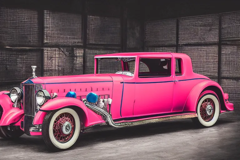 Image similar to full color photo of cyberpunk version of a 1 9 3 0 cadillac v 1 6, neon