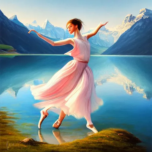 Prompt: a painting of a young woman dancing in front of a beautiful lake in switzerland, mountains on the background, high quality oil painting artstyle, feminine, delicate, hyperdetailed, in the style of artgerm, deviantart, figurative art, deviantart, ilya kuvshinov, lovecraftian