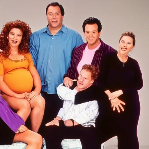 Prompt: Scene from a 1990s sitcom about pregnant men