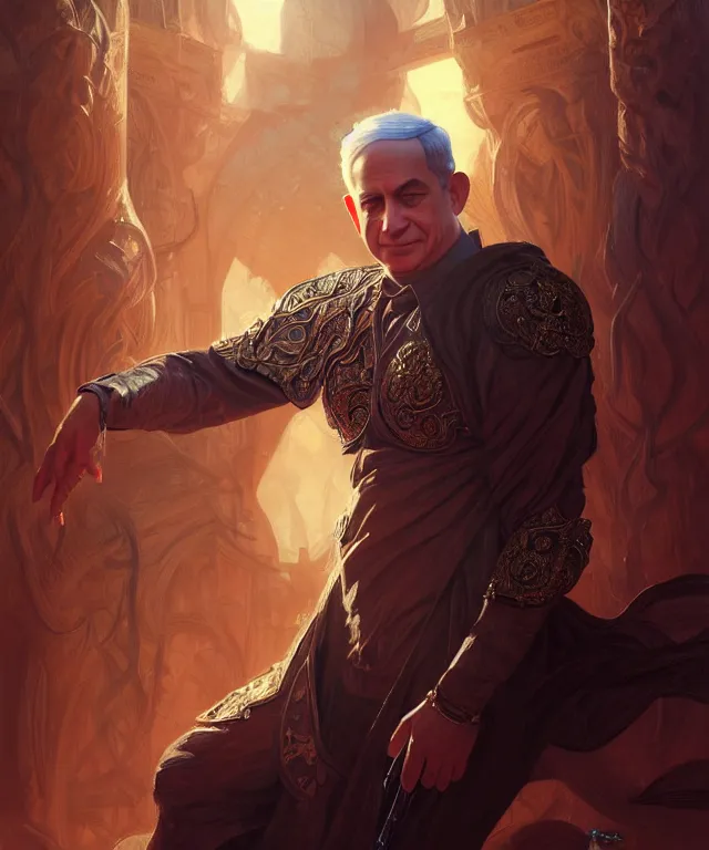 Image similar to Benjamin Netanyahu as a fantasy magic man portrait, sci-fi, amber eyes, face, fantasy, intricate, elegant, highly detailed, digital painting, artstation, concept art, smooth, sharp focus, illustration, art by artgerm and greg rutkowski and alphonse mucha