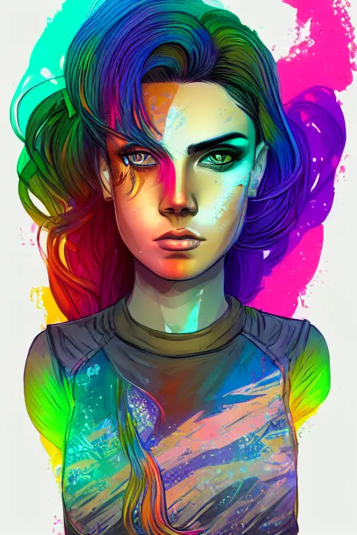 Image similar to a award winning half body portrait of a beautiful woman with stunning eyes in a printed croptop and cargo pants with rainbow colored ombre hairstyle head in motion and hair flying by josan gonzales, outrun, vaporware, shaded flat illustration, digital art, trending on artstation, highly detailed, fine detail, intricate