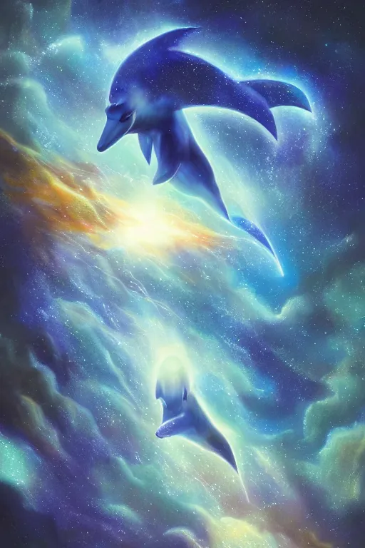 Image similar to Ethereal blue fire dolphin 🐬 flying through a nebula, Sirius star system, star dust, cosmic, magical, shiny, glow,cosmos, galaxies, stars, outer space, stunning, by andreas rocha and john howe, and Martin Johnson Heade, featured on artstation, featured on behance, golden ratio, ultrawide angle, hyper detailed, photorealistic, epic composition, wide angle, f32, well composed, UE5, 8k