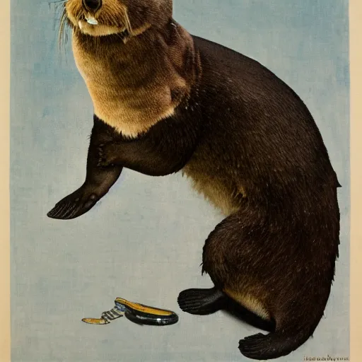 Image similar to a Norman Rockwell painting of a humanoid sea otter dentist