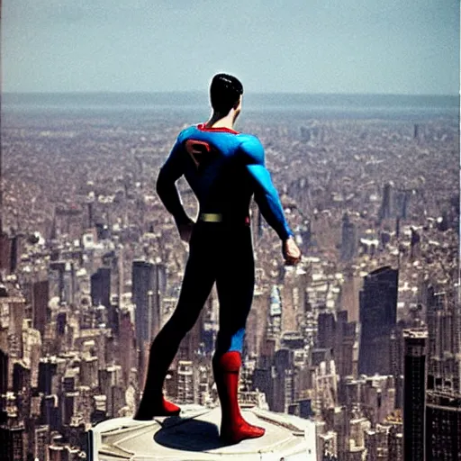 Prompt: superman from back hands on waist standing on top of the empire state building strong stance photo by annie leibovitz