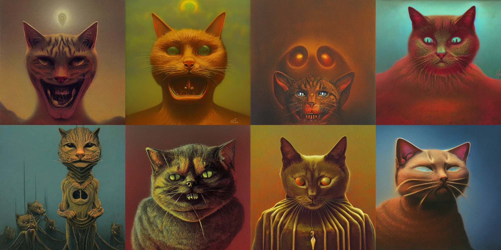 Image similar to grinning evil cat, HD, award winning, in style of beksinski, film grain, medium format, 8k resolution, oil on canvas