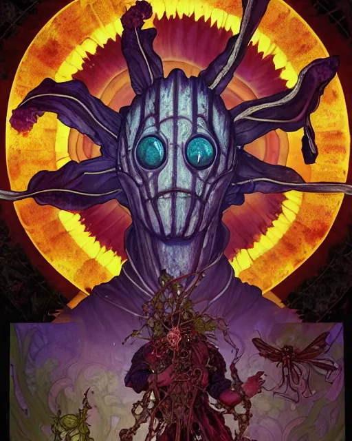 Image similar to the platonic ideal of flowers, rotting, insects and praying of cletus kasady carnage thanos davinci nazgul wild hunt chtulu mandala ponyo heavy rain bioshock, d & d, fantasy, ego death, decay, dmt, psilocybin, concept art by randy vargas and greg rutkowski and ruan jia and alphonse mucha