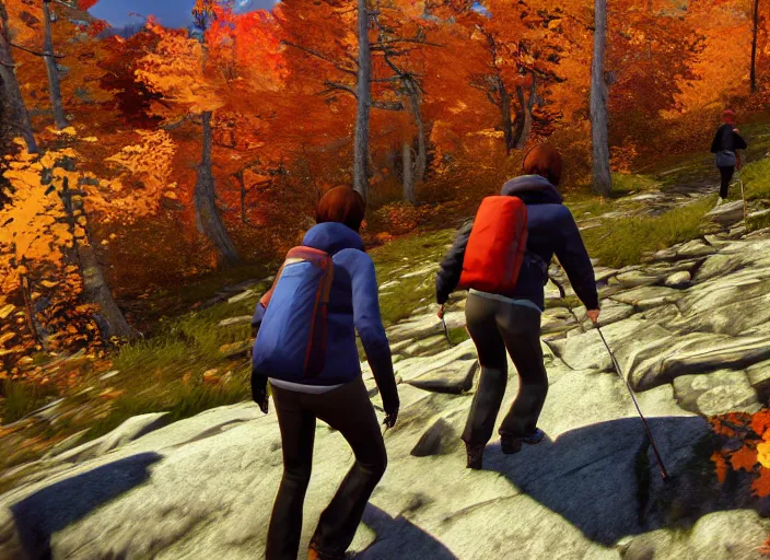 Prompt: friends hiking franconia ridge new hampshire in autumn, life is strange ps 3 gameplay ( 2 0 1 5 ), unreal engine