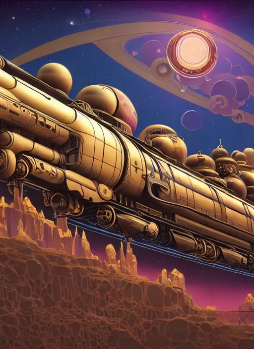 Image similar to a steampunk train in space at warp speed by paolo eleuteri serpieri and tomer hanuka and chesley bonestell and daniel merriam and tomokazu matsuyama, unreal engine, high resolution render, featured on artstation, octane, 8 k, highly intricate details, vivid colors