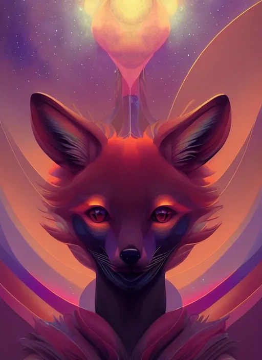 Image similar to symmetry!! virgo the fox!!!! highly detailed, high contrast, light reflection, trippy, nebula, trending on art station by artgem, by peter mohrbacher, by wlop, by ruan jia