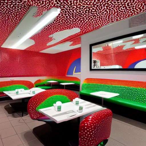 Image similar to mcdonalds interior designed by Yayoi Kusama,