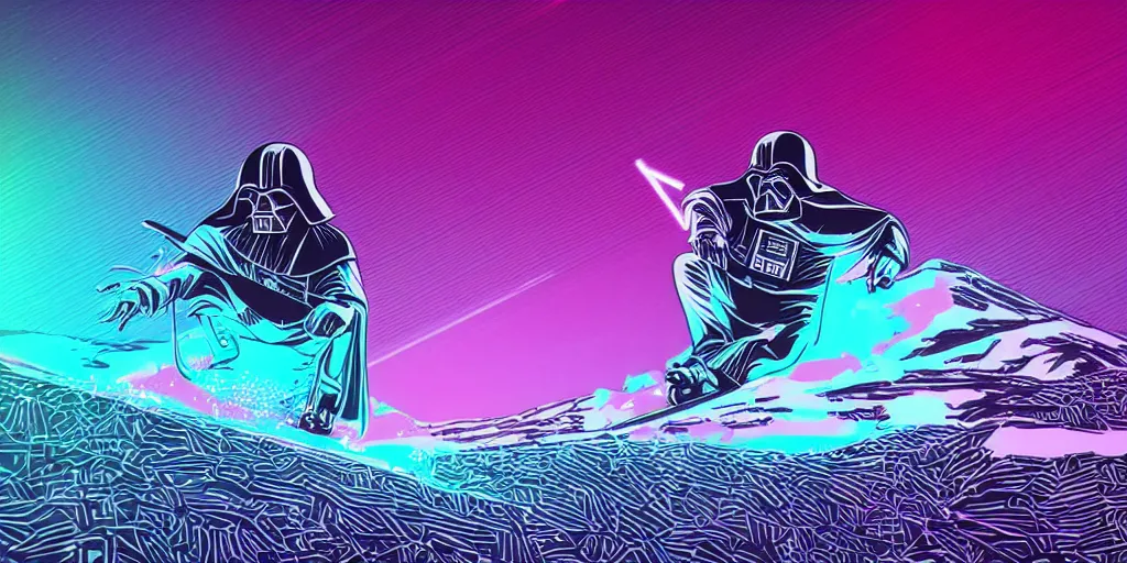 Image similar to vaporwave, vector graphics, synthwave, neon, darth vader snowboarding