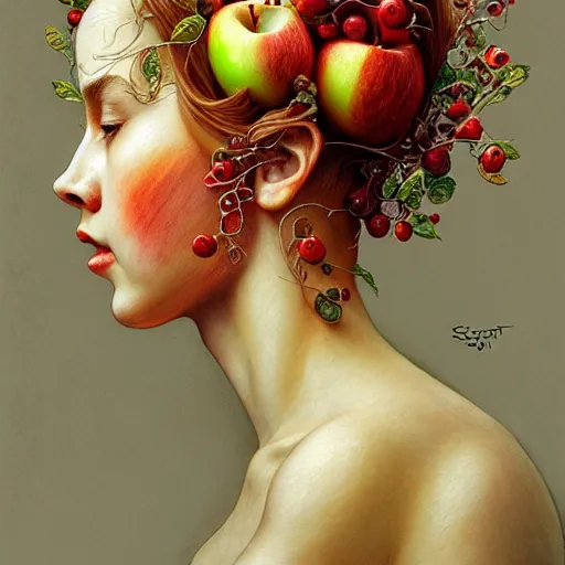 Image similar to portrait made of apples and fruit, fantasy, intricate, elegant, highly detailed, lifelike, photorealistic, digital painting, artstation, illustration, smooth, sharp focus, art by scott davidson, albert aublet, krenz cushart, artem demura, mucha, giuseppe arcimboldo