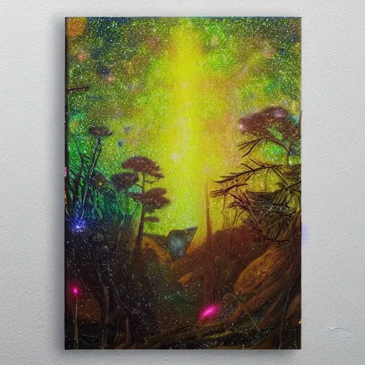 Image similar to psychedelic glowing animal eyes lush pine forest, outer space, milky way, designed by arnold bocklin, jules bastien - lepage, tarsila do amaral, wayne barlowe and gustave baumann, cheval michael, trending on artstation, star, sharp focus, colorful refracted sparkles and lines, soft light, 8 k 4 k