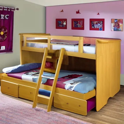 Prompt: kids bed shaped as a sailboat