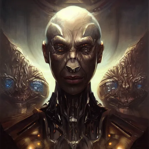 Prompt: portrait, cybernetic villain, stern expression, elegant, highly detailed, digital painting, artstation, concept art, smooth, sharp focus, illustration, artgerm, tomasz alen kopera, peter mohrbacher, donato giancola, joseph christian leyendecker, wlop, frank frazetta