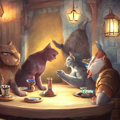 Image similar to cool cat people talking inside a tavern, fantasy art, cozy, dnd, digital art, 4 k