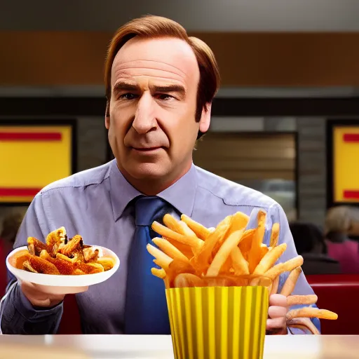 Image similar to saul goodman eating at mcdonald's, realistic, ultra high detail, 8 k.