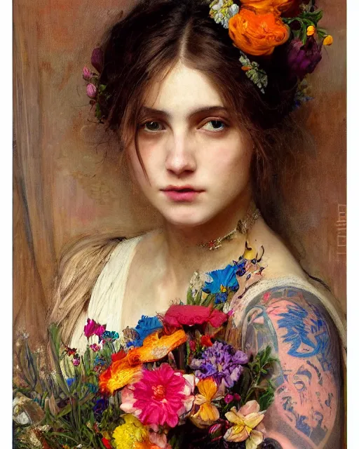 Prompt: a beautiful girl in a wedding dress with colourful tattoos surrounded by colourful flowers orientalist intricate portrait by john william waterhouse and edwin longsden long and theodore ralli and nasreddine dinet, oil on canvas. cinematic, hyper realism, dramatic lighting, high detail 8 k