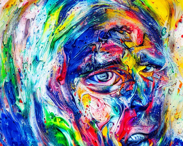 Image similar to abstract expressionist portrait of a head showing strong negative emotions painted with very thick impasto paint and acrylic pour and coloured powder explosion and splashing paint and dripping paint and flying paint chunks, motion blur, hyperrealistic, intricate art photography, anatomically correct, realistic crisp textures, dramatic lighting,