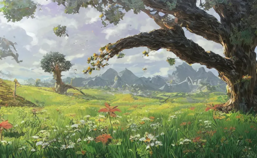 Image similar to fantastic anime sunny meadow with flowers, lone old Oak in the middle plane and mountains on the background, by Hayao Miyazaki, Nausicaa, Ghibli, Breath of the wild, Anime wallpaper