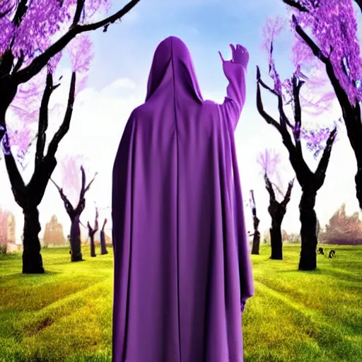 Image similar to grim reaper, purple cloak, full body