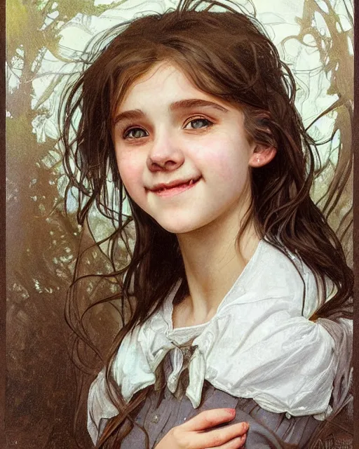 Image similar to portrait of 1 5 - year - old girl, little smile, with large front teeth, hermione, very bushy brown hair, and very bright brown eyes, wearing white shirt, hyper realistic face, beautiful eyes, close up, fantasy art, in the style of greg rutkowski, intricate, alphonse mucha, hyper detailed, smooth