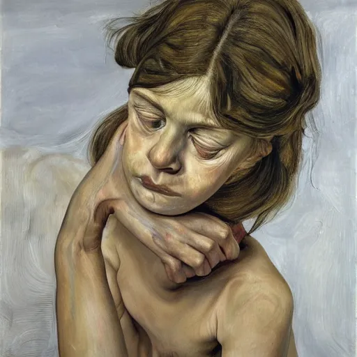 Image similar to high quality high detail painting by lucian freud, hd, angry girl looking back