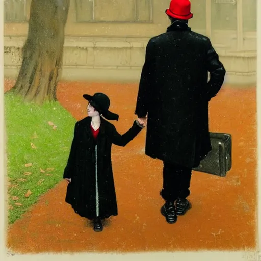 Prompt: a highly detailed epic cinematic concept art, cyberpunk, a thin man in a black coat and bowler hat talks with small young girl who is dressed in a red coat and a red hat, Berlin park, autumn, 1923, in the style of in the style of Francis Bacon and Syd Mead and Norman Rockwell and Beksinski, painted by Francis Bacon and Edward Hopper, painted by James Gilleard, surrealism, airbrush, Ilya Kuvshinov, WLOP, Stanley Artgerm, very coherent, triadic color scheme, art by Takato Yamamoto and James Jean, high detail, width 768