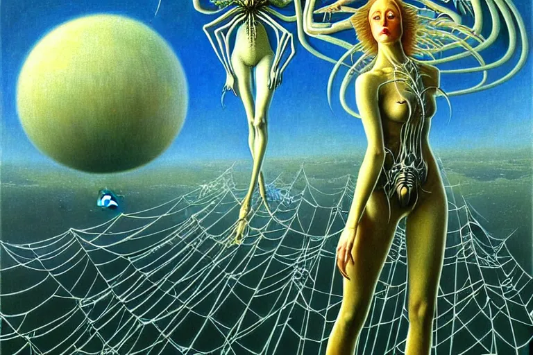 Image similar to realistic extremely detailed portrait painting of a fully dressed woman with a giant spider, futuristic sci-fi landscape on background by Jean Delville, Amano, Yves Tanguy, Ernst Haeckel, Edward Robert Hughes, Roger Dean, rich moody colours, blue eyes