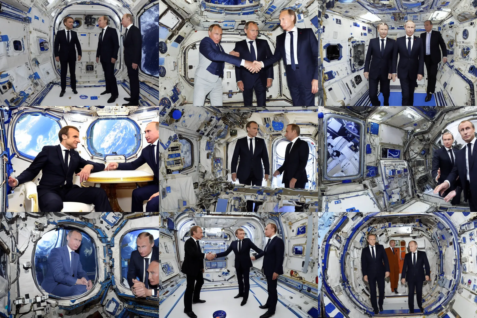 Prompt: macron and putin have a meeting in the space station