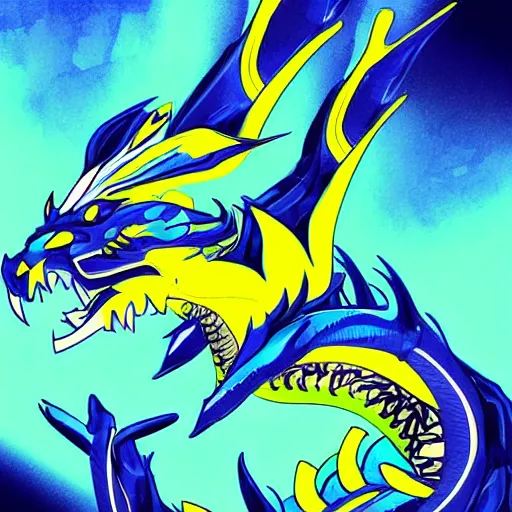 Image similar to illustration neon blue and yellow super cool dragon. trending on artstation