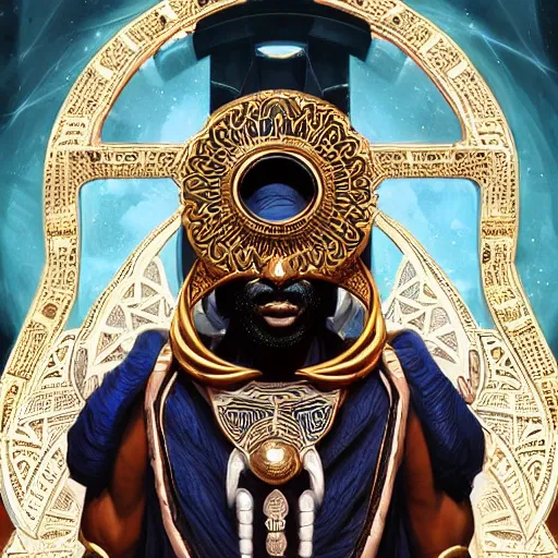 Image similar to symmetry!! an african moor wearing white robes and turban entering the voidspace. ornate, golden, steampunk stargate. front game card. marvel comics. dark. intricate. highly detailed. smooth. artstation. digital illustration by ruan jia, mandy jurgens, artgerm, wayne barlowe, greg rutkowski, and zdislaw beksinsk.