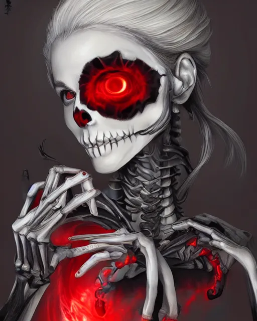 Image similar to A realistic anime portrait of a beautiful skeleton woman with glowing red eyes wearing clothes made of skulls, digital painting, by Stanley Artgerm Lau, Sakimichan, WLOP and Rossdraws, digtial painting, trending on ArtStation, SFW version