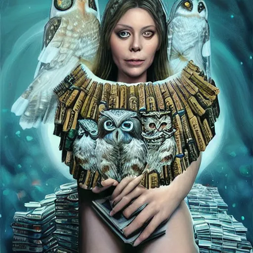 Image similar to a portrait of ornella muti as the goddess minerva surrounded by stacks of books, and owls, bioluminescent gown with deep level of detail of esoteric symbols, intricate, elegant, highly detailed, digital painting, trending on artstation, concept art, smooth sharp focus, illustration, art by artgerm and greg rutkowski