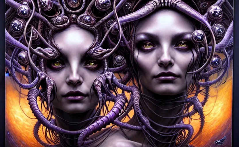 Image similar to A beautiful detailed alien goddess woman with 6 arms super dark tarot card, gorgeous model face by Stanley Artgerm, by tomasz alen kopera and Justin Gerard, 4 eyes, beautiful symmetrical features, ominous, magical realism, melting, texture, intricate, ornate, royally decorated, melting, whirling smoke, embers, purple adornments, blue torn fabric, radiant colors, fantasy, trending on artstation, volumetric lighting, micro details, 3d sculpture, ray tracing, 8k, anaglyph effect